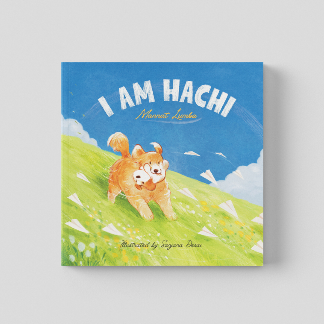 I am Hachi — Children's book cover showing Hachi running through a green meadow