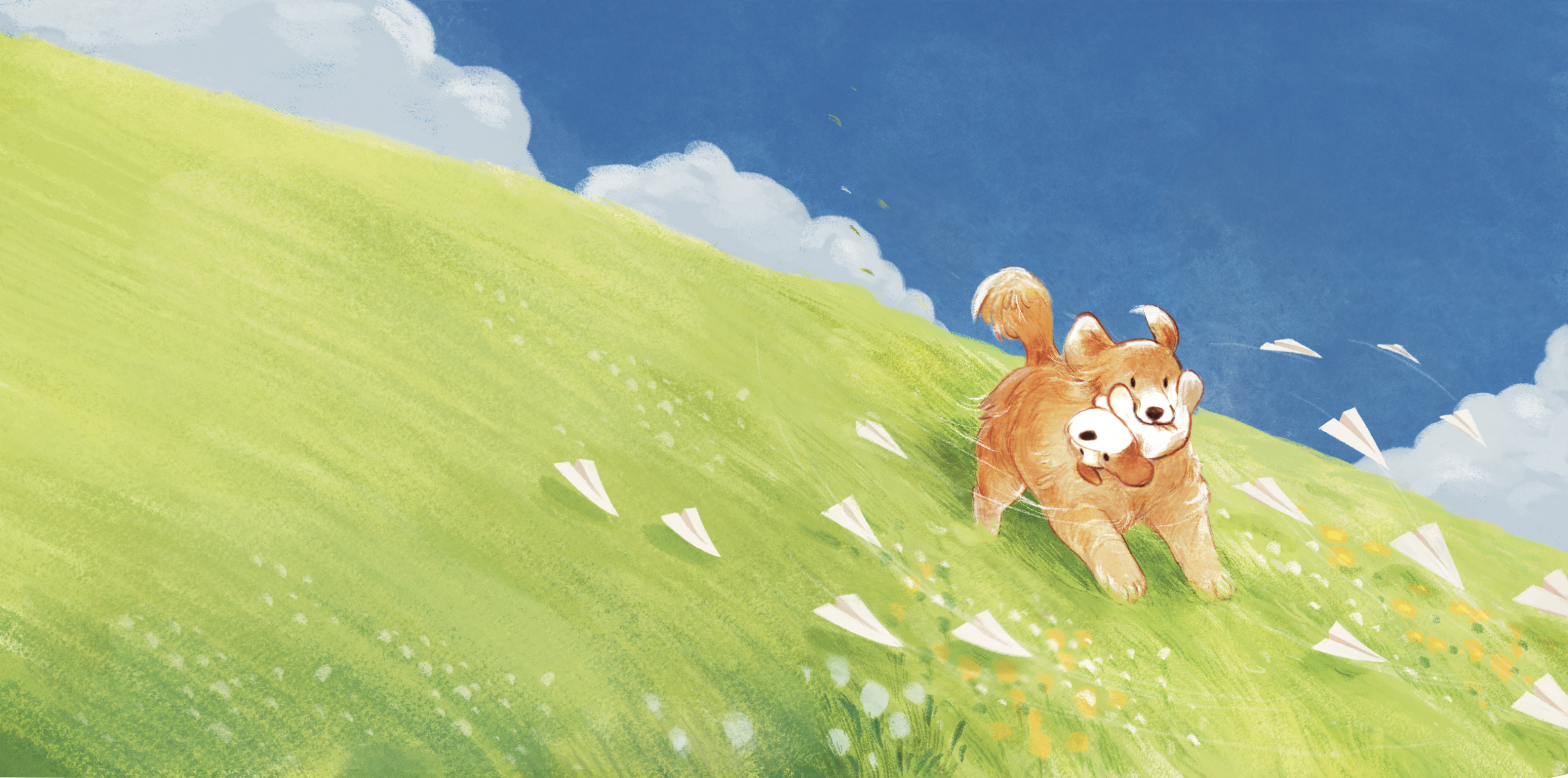 Hachi running through a green meadow with paper airplanes